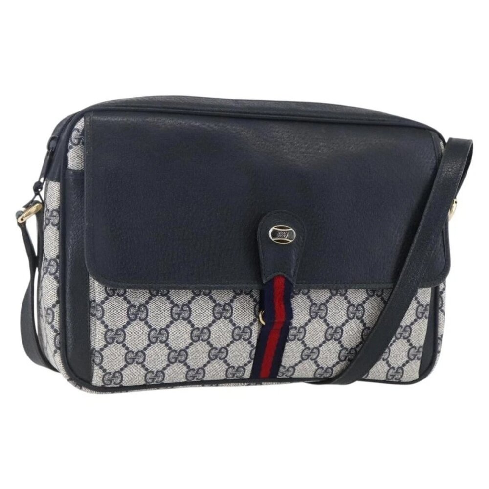 GUCCI GG Supreme Sherry Line Shoulder Bag PVC Navy Gold 904 02 063 Auth 153974